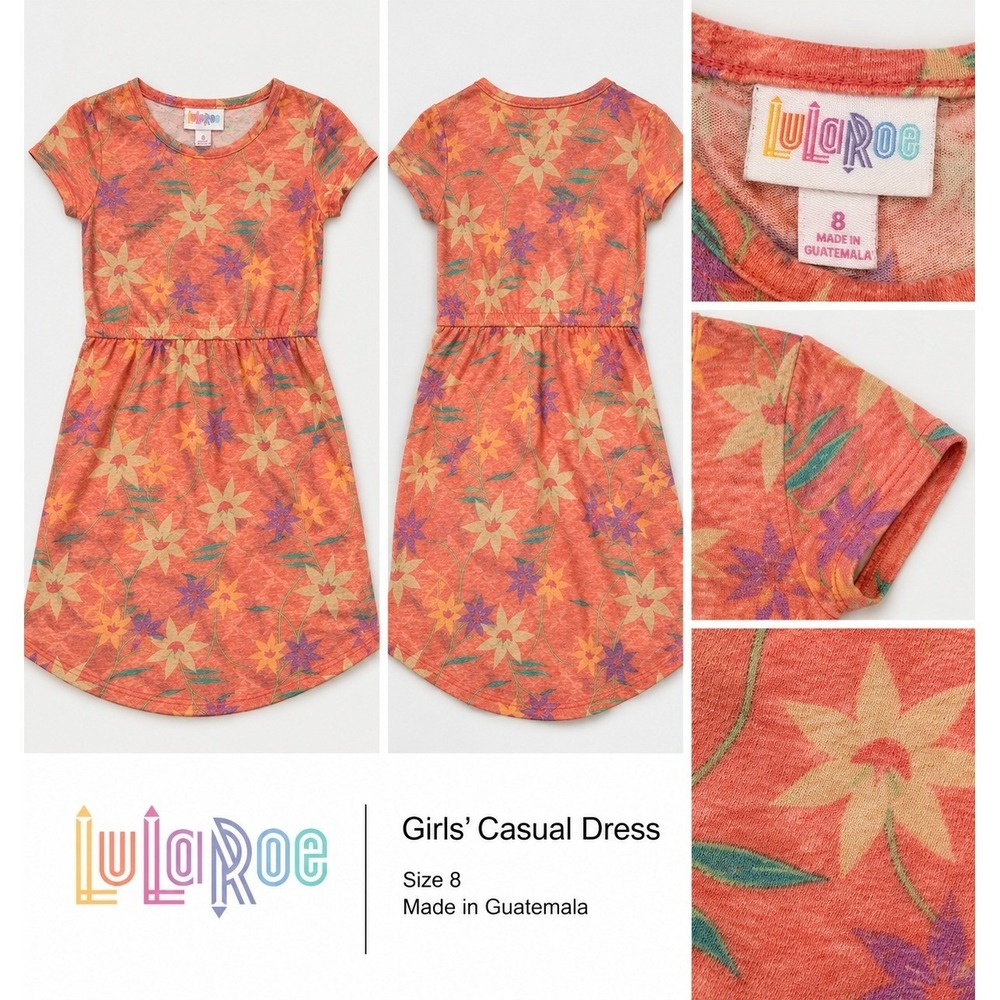 LuLaRoe Girls Orange Floral Short Sleeve Casual Pocket Dress Size 8 JC010-03